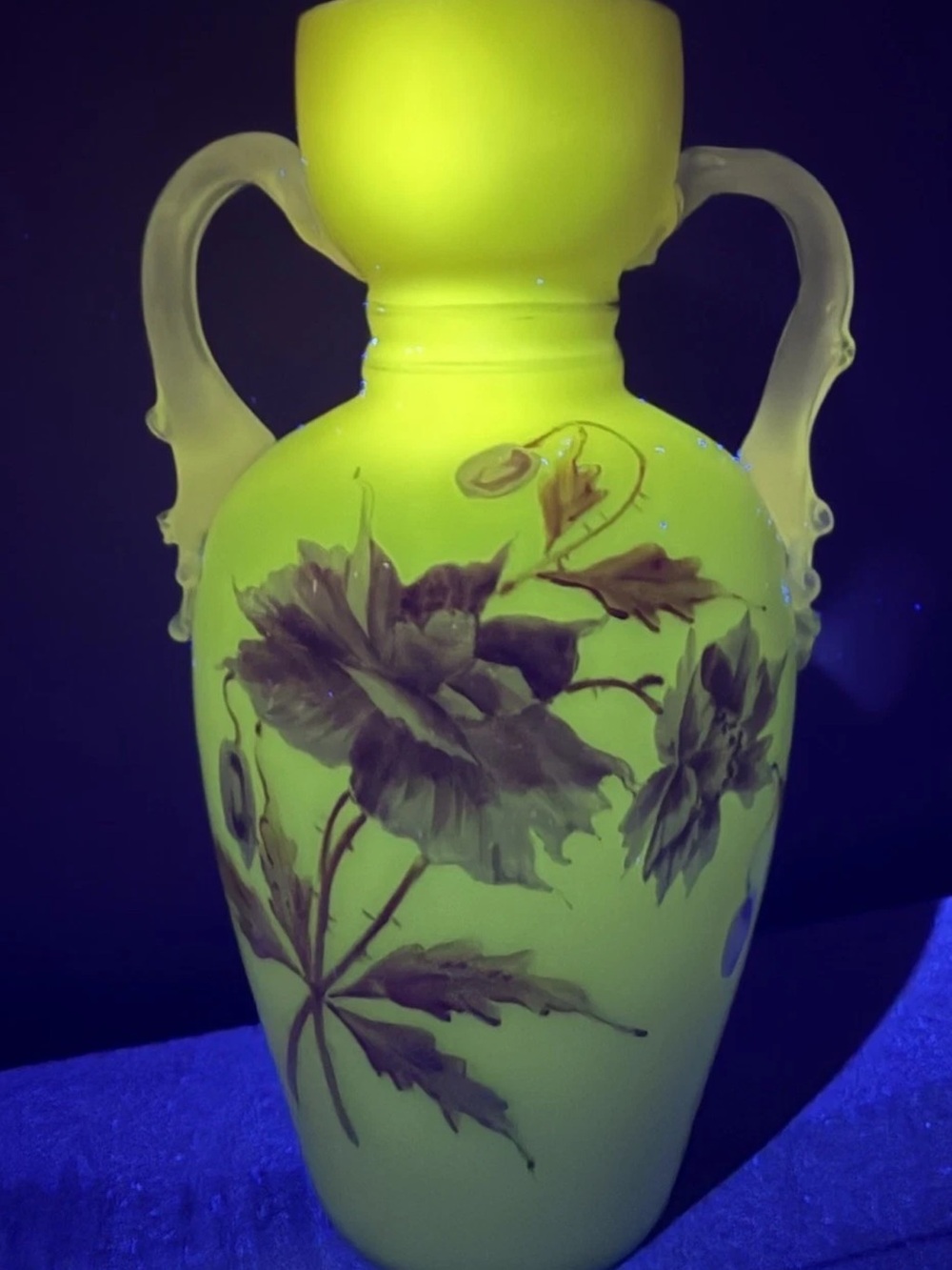 RARE! UV Victorian Bohemian Harrach Hand-Painted Peach Satin Glass Ewer Vase
